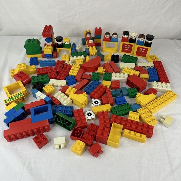 Vtg Lego Duplo - Assorted Bulk Pieces Brick Parts & 11 Figures Police Dog Cars - Picture 1 of 16